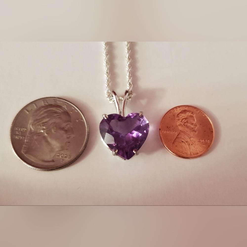 Large Genuine Heart Amethyst Pendant Sterling Silver With 925 Necklace - Picture 8 of 11